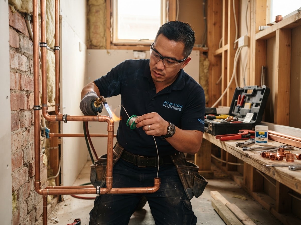 Professional Asian plumber working on copper pipes